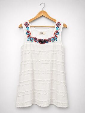 Wanama Lifestyle White Fringe Embroidered Beach Cover Up Dress Small